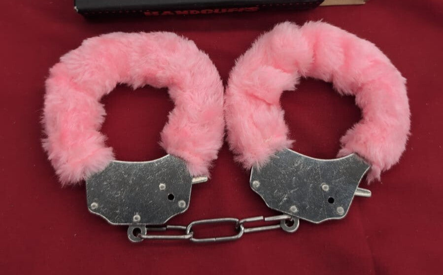 Pink Fur Handcuffs Women's With Keys Set Fluffy Soft Silver Comfortable Hen