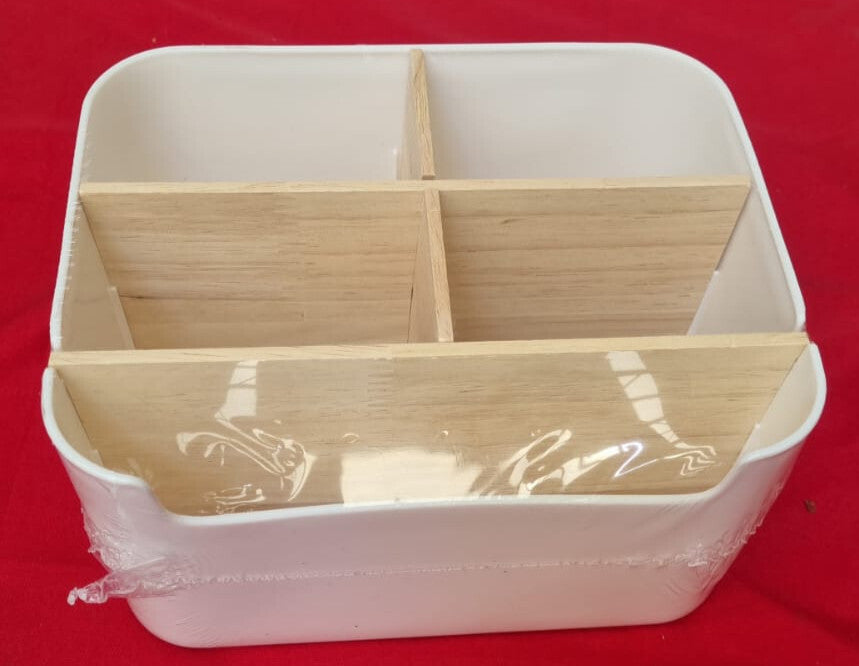 Desk Storage Box, Divided Wood Desktop Organizer, Detachable Pen Holder