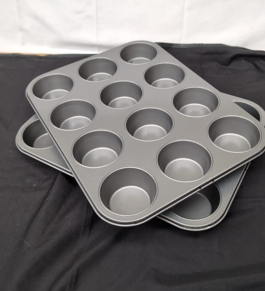 2 Pack 12 Cup Large Muffin Pan, Non-Stick Cupcake Tray Baking Mould, Grey