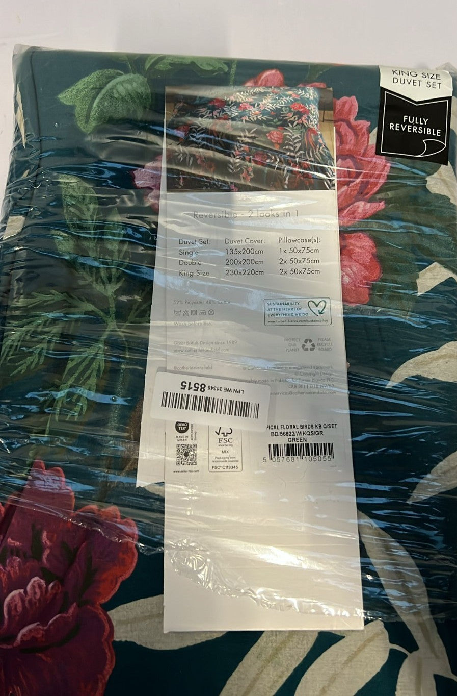 Catherine Lansfield Bedding Tropical Floral Birds King Duvet Set (PACK DAMAGED)