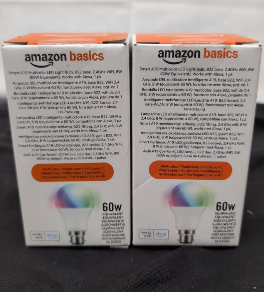 Amazon Basics Smart A19 Multicolor LED Light Bulb, B22 Base 8W (2 Packs)