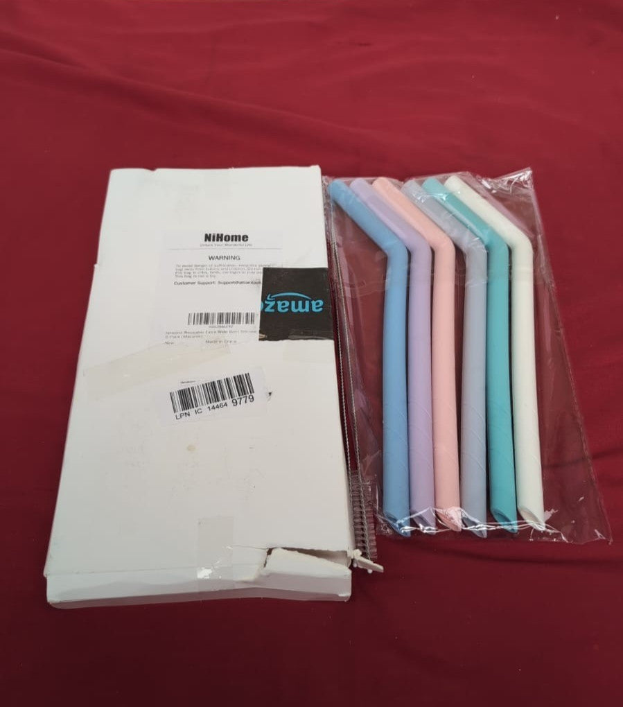 NiHome 6PCS Extra Wide Reusable Bent Silicone Straws ,(Macaron)