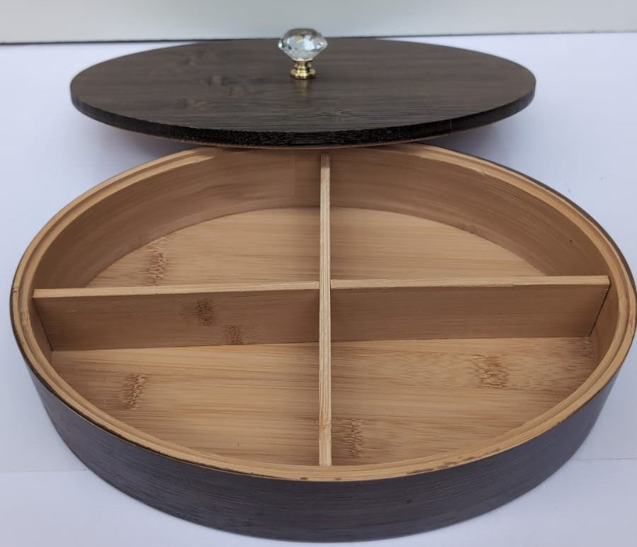 round wooden server with divider & lid (30 x 20 x 6cm)