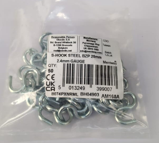 Merriway BH04903 (50 Pcs) Kitchen S-Hook Steel BZP 25mm 2.4mm Gauge - Pack of 50