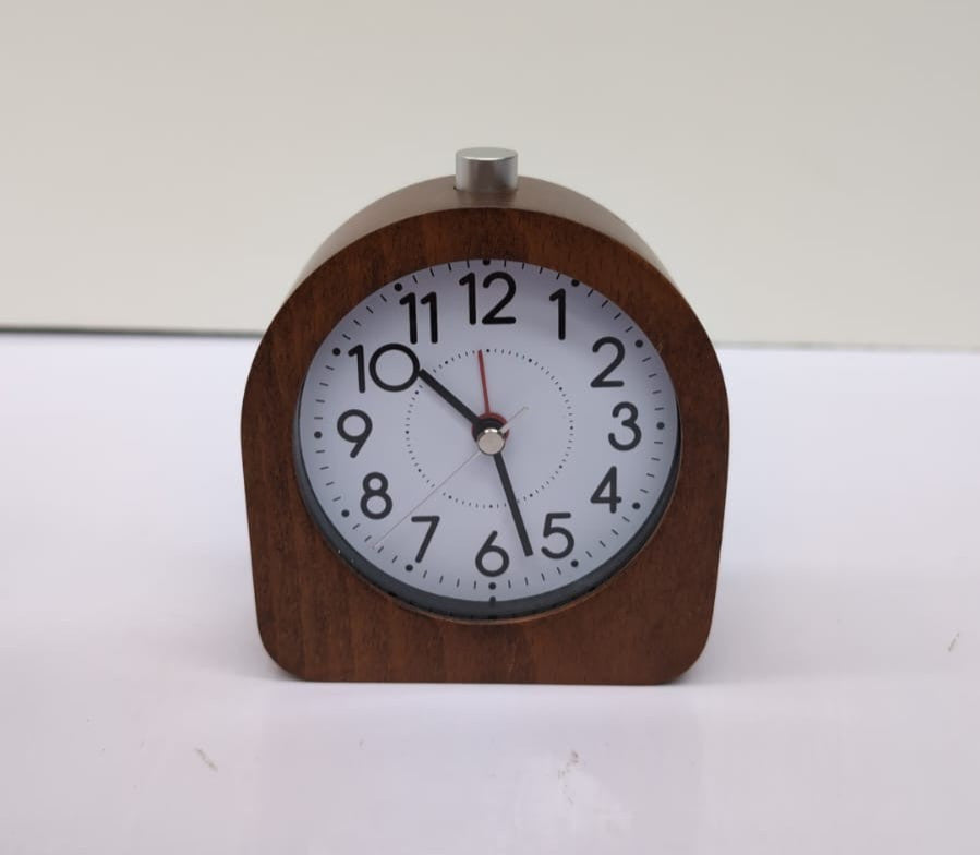Analogue Wooden Alarm Clock - Retro Table Clock with Half Round Design Snooze