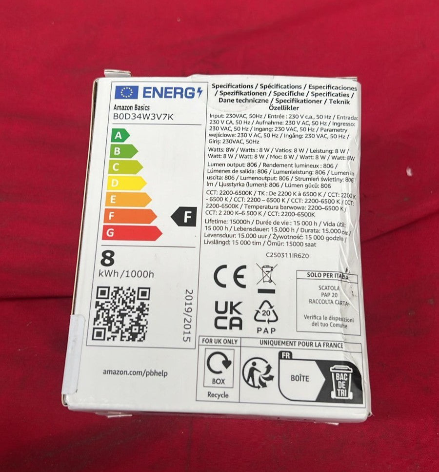 Amazon Basics Smart A60 Multicolor LED Light Bulb, E27 Base, 2.4GHz WiFi, 8W