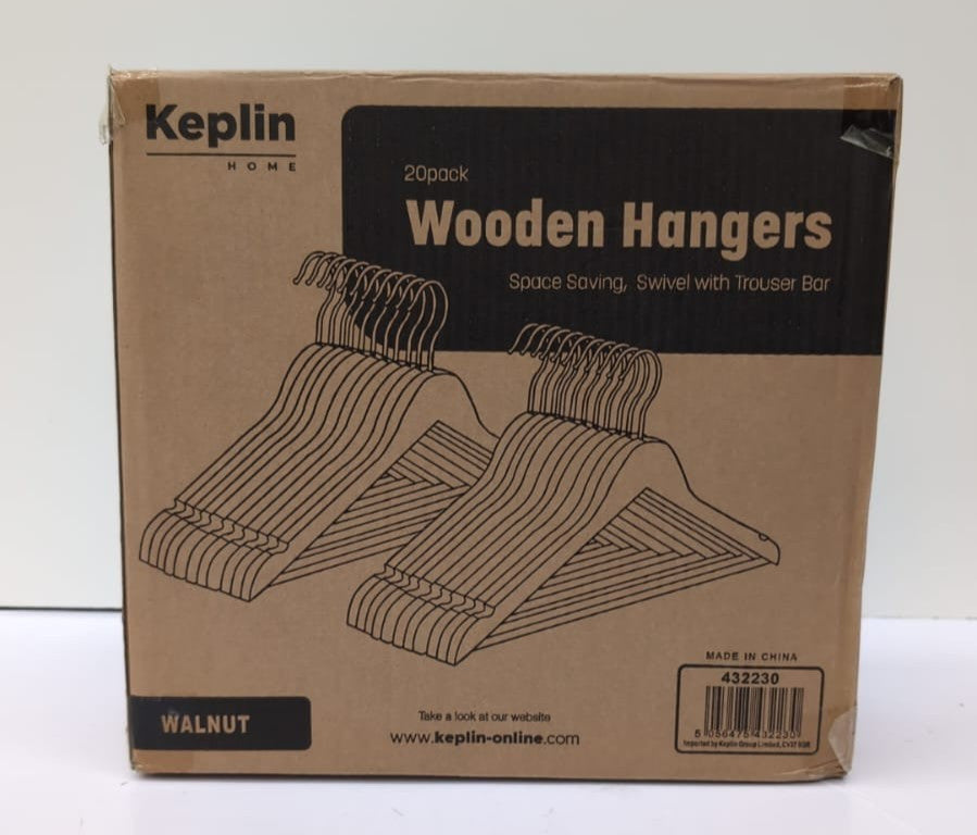 KEPLIN Strong Walnut Wooden Coat Hangers with 360 Degree Rotatory Hook (20 Pack)