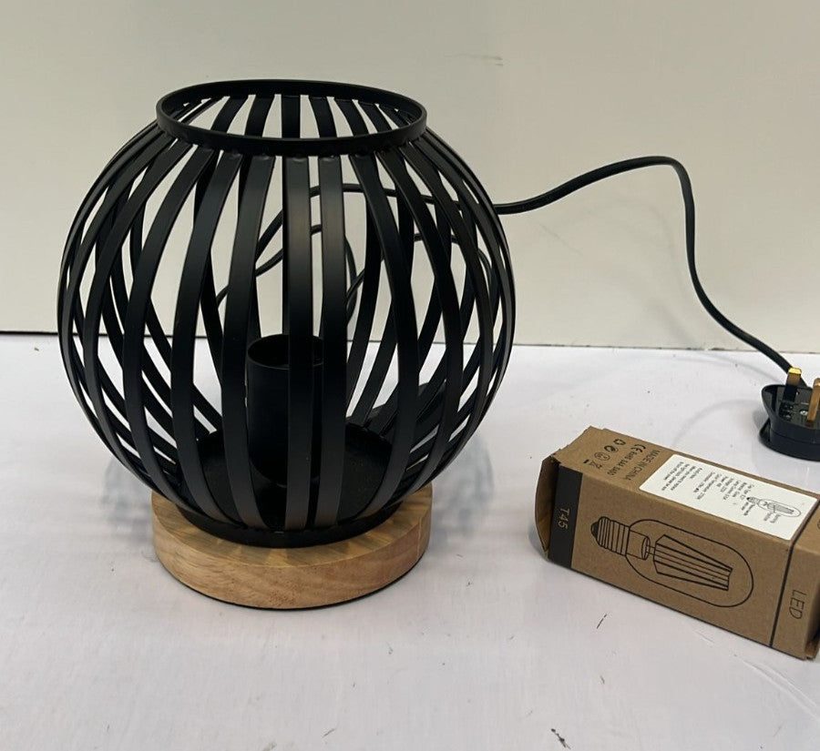 Metal Cage LED Bedside Table Lamp Wooden Base Desk Lamp