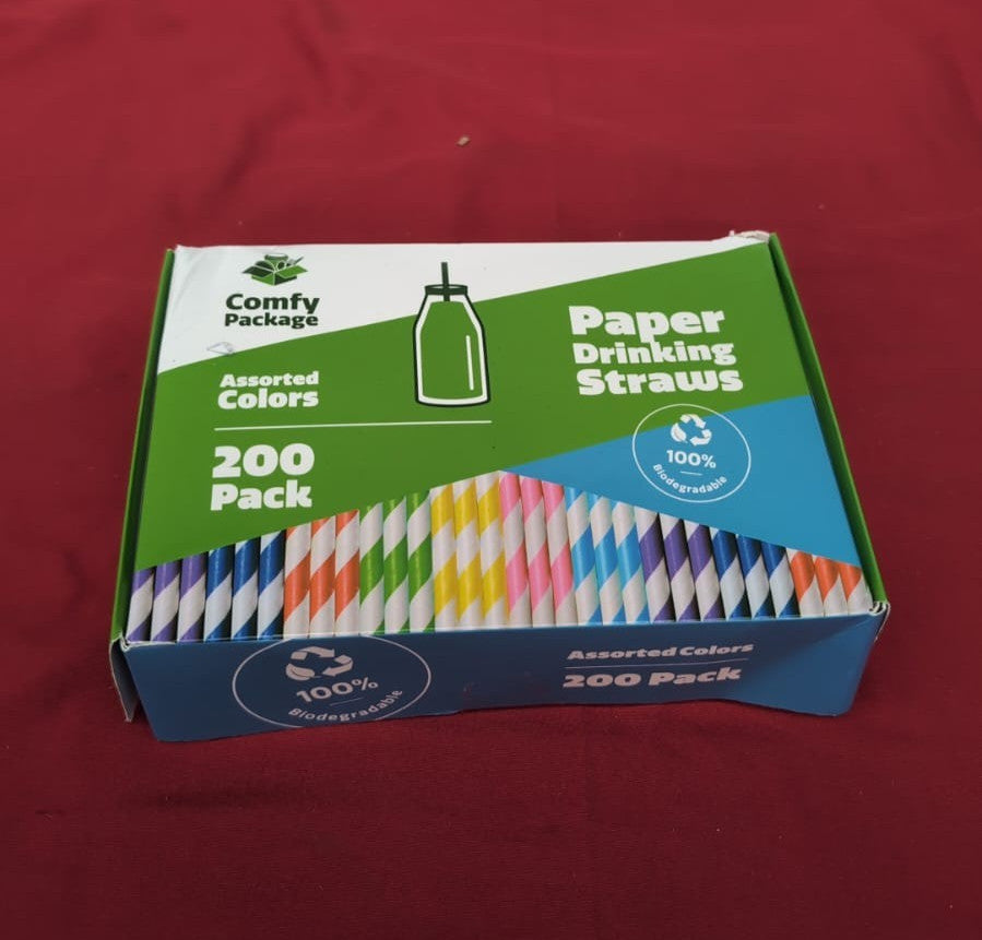 [200 Pack] Striped Paper Drinking Straws Assorted Colors  (BOX DAMAGED)