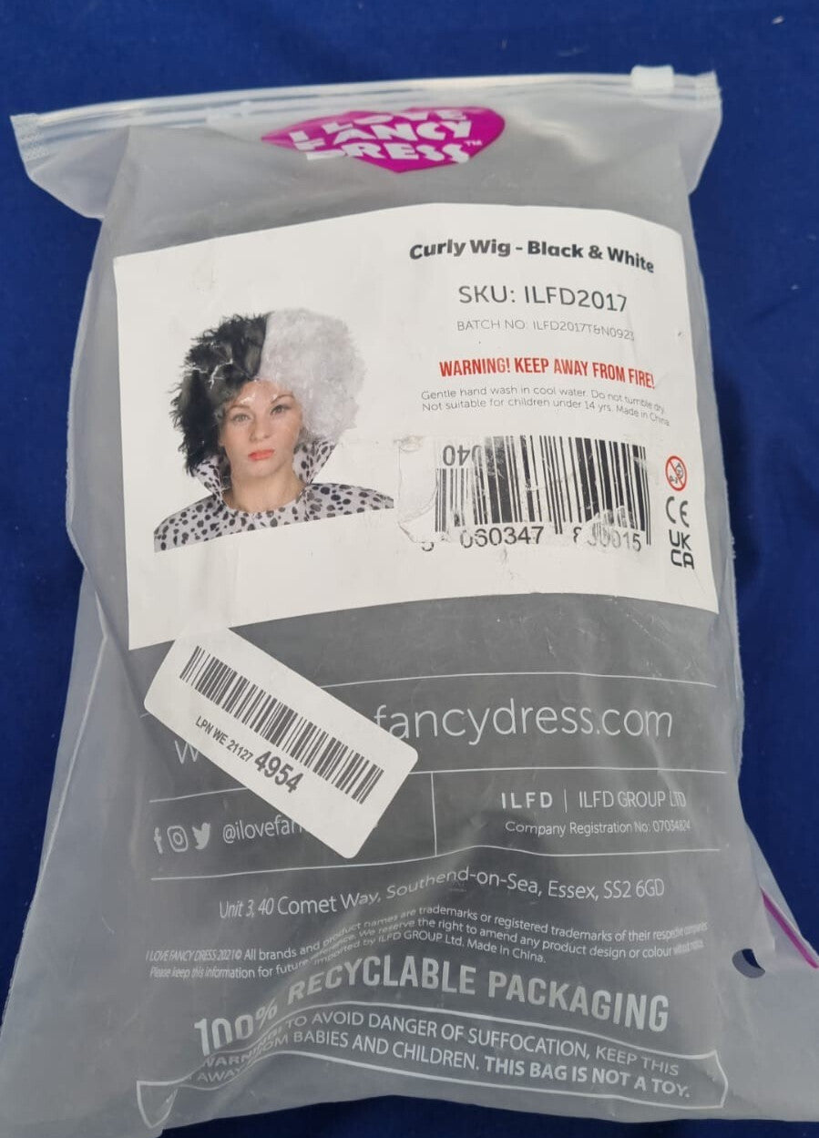 Halloween Evil Dog Lady - Two Tone Black and White Wig Fancy Dress (Bob Wig)