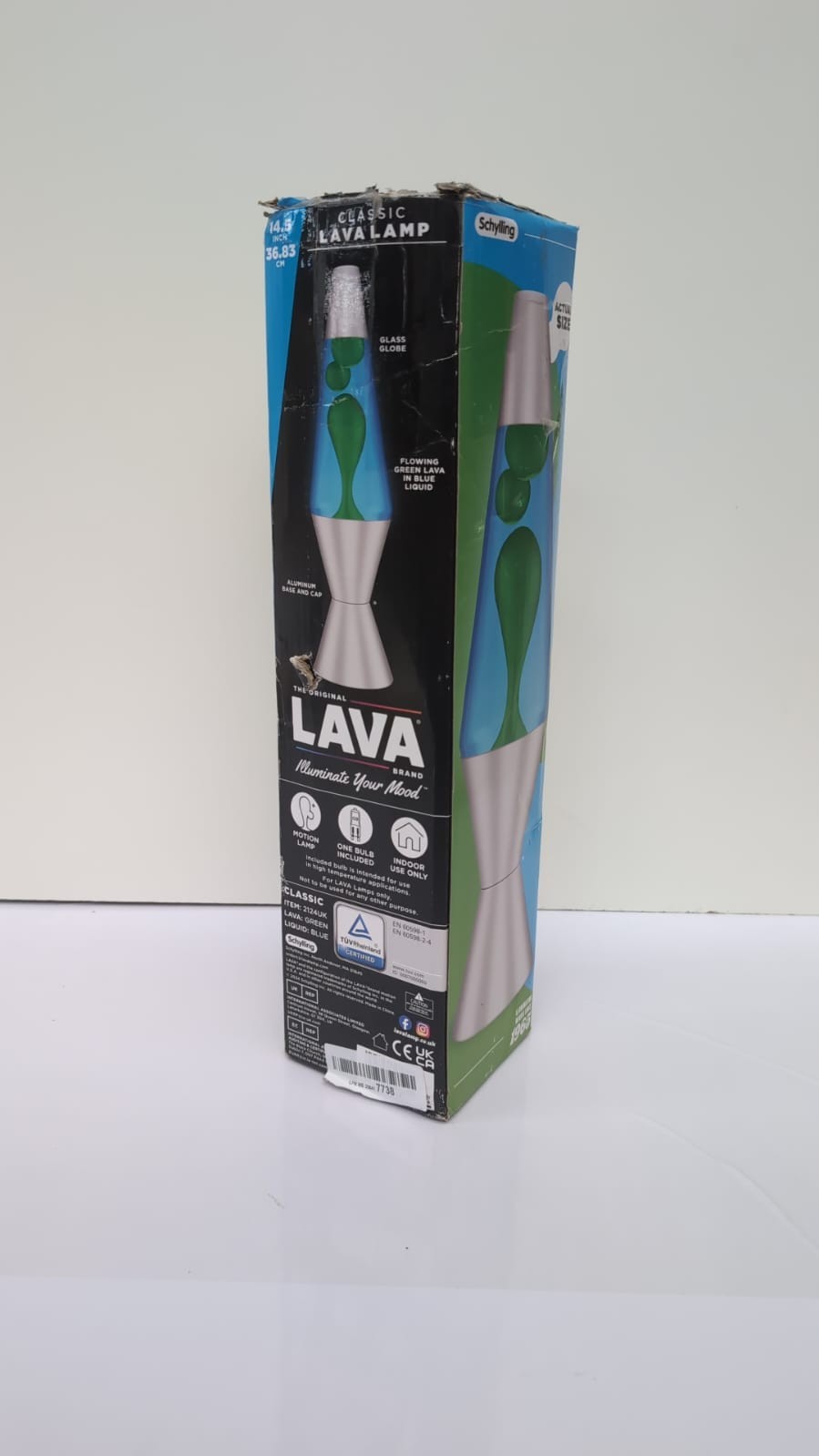 Lava Lamp , Green Wax, Silver Base and Cap, Original 14.5 (BOX DAMAGED)