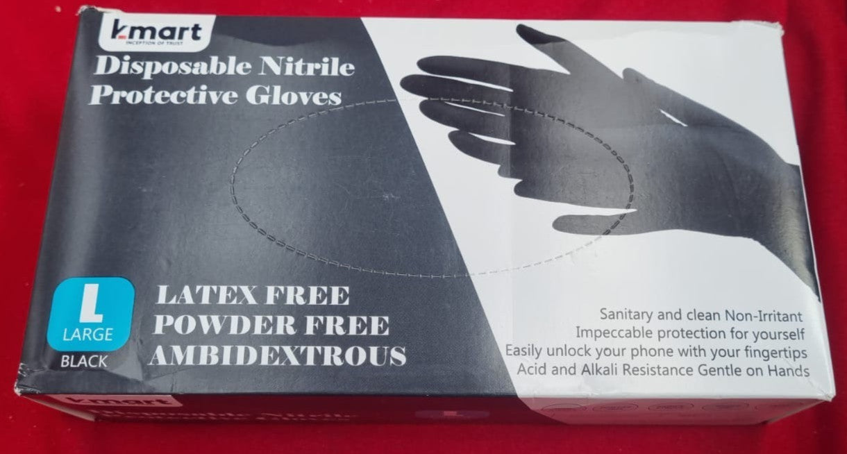 K-MART Black Nitrile Multi-Purpose Disposable Gloves, Powder Free (Black, Large)