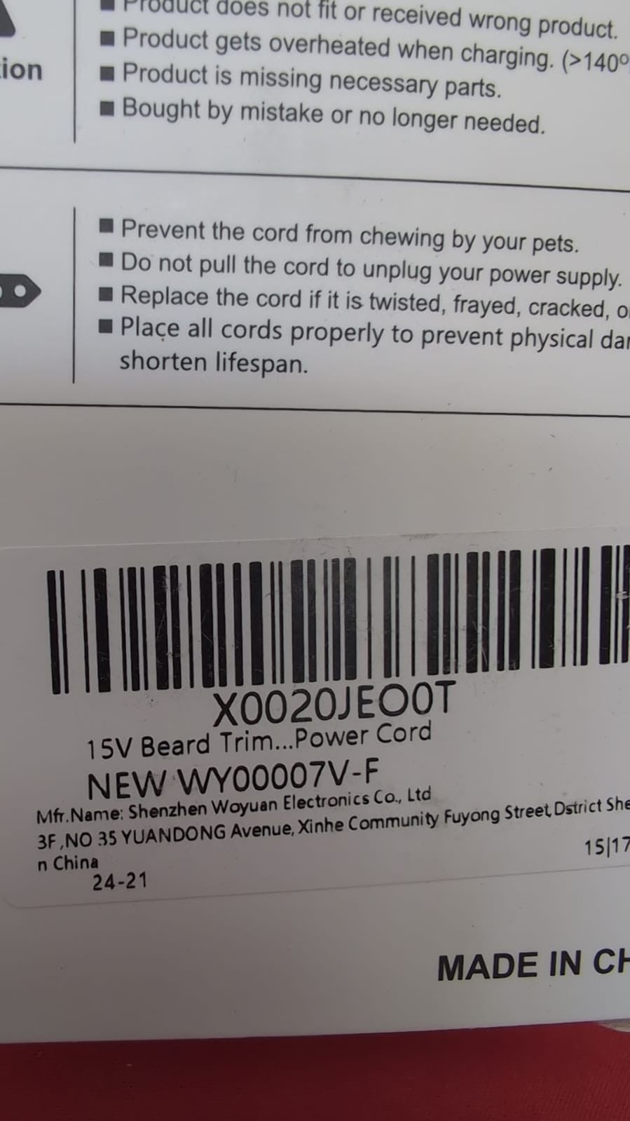 Charger Cord for Series 15 Volt Power Supply Adapter Beard Trimmer