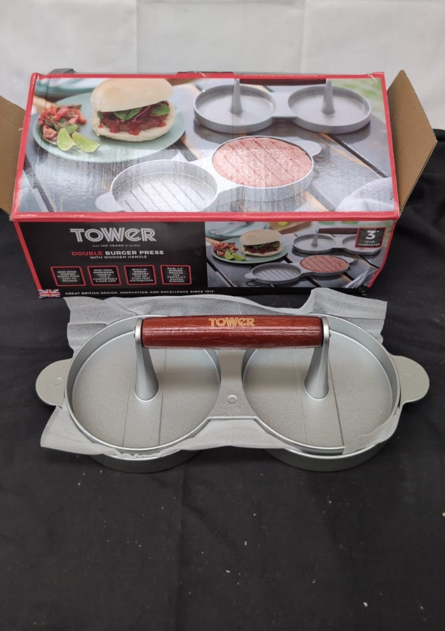 Tower Double Burger Press with Wood(BOX DAMAGED)