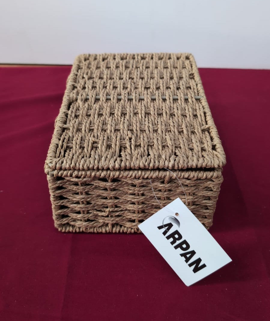 Arpan Natural Paper Rope Storage Basket Box With Lid (Small)