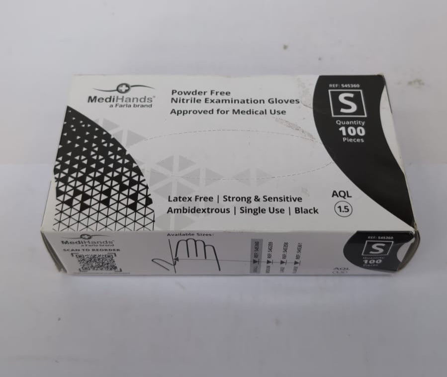 MediHands Disposable Small Nitrile Gloves -Powder Free ,Box of 100, Black