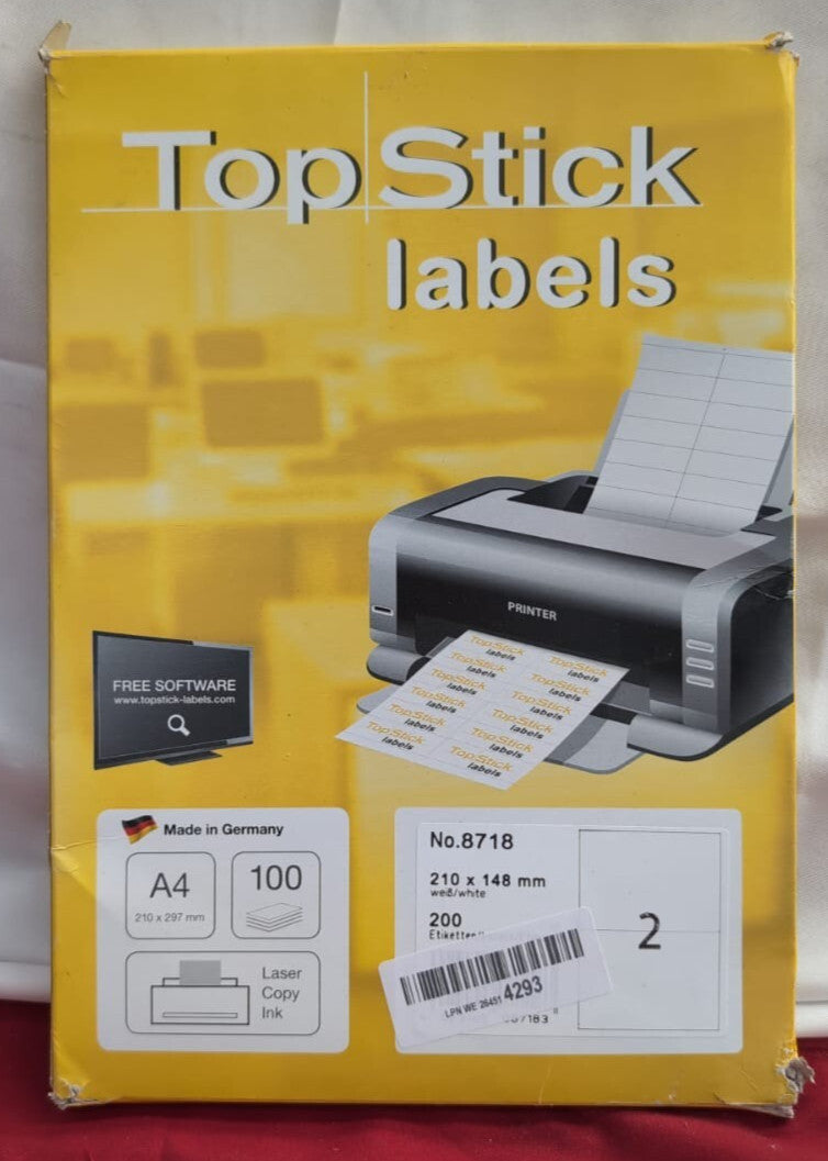 TopStick Self Adhesive Parcel Paper, 2 Labels Per A4 Sheet, (packaging damaged)