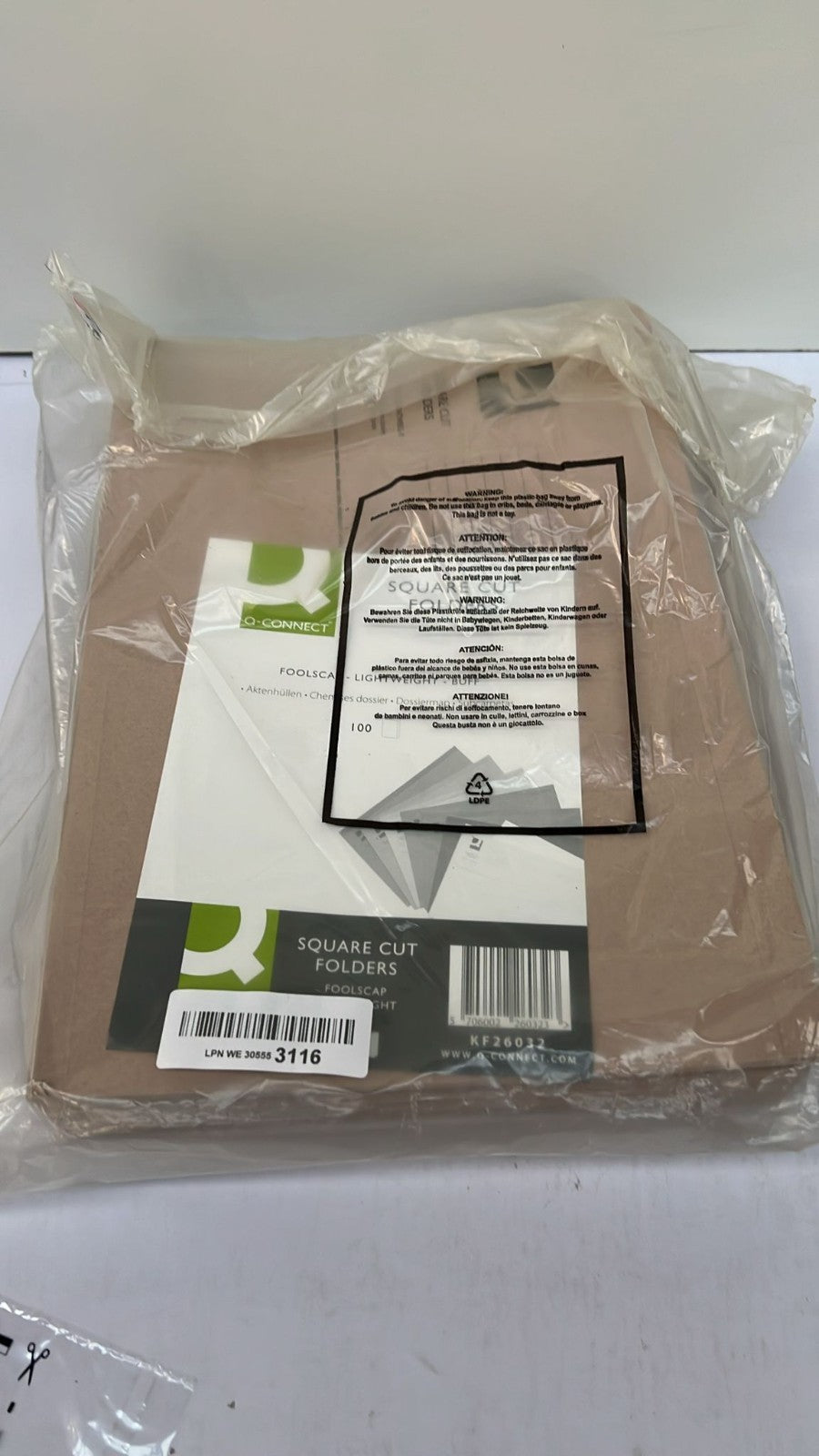 Q-Connect 180gsm Foolscap Buff Light Weight Square Cut Folder (Pack of 100)