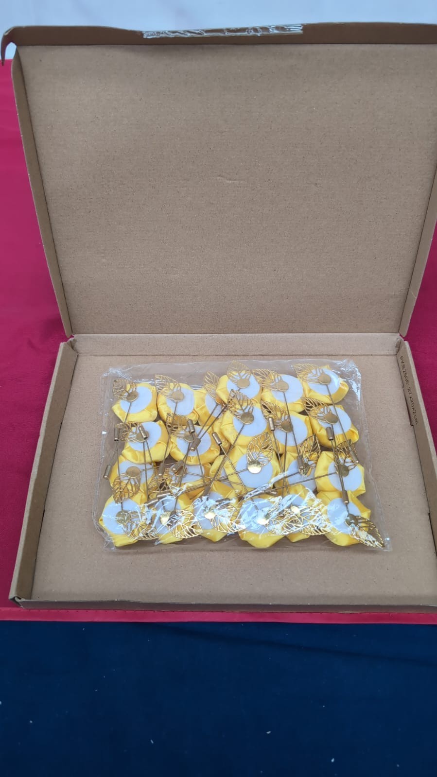 24packRose Lapel Pin, Flower w/ Gold Leaf ,Fabric Handmade Satin Corsage,Yellow