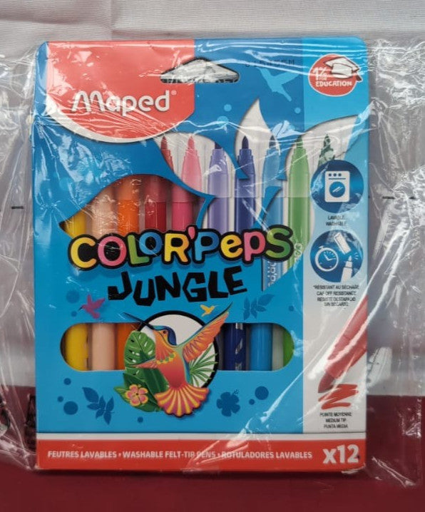 Maped Color'Peps Jungle Colouring Felt Tip Pens - Pack of 12 Bright Colours