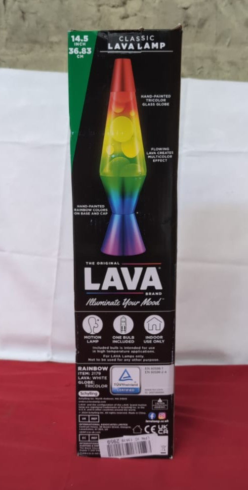Lava Lamp Rainbow 2179, Hand Painted Tri-color Globe, White Wax, Clear Liquid