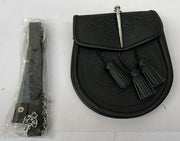 Kilt Sporran Celtic Embossed Black Leather Latch PIN Detail and Chain for Kilts