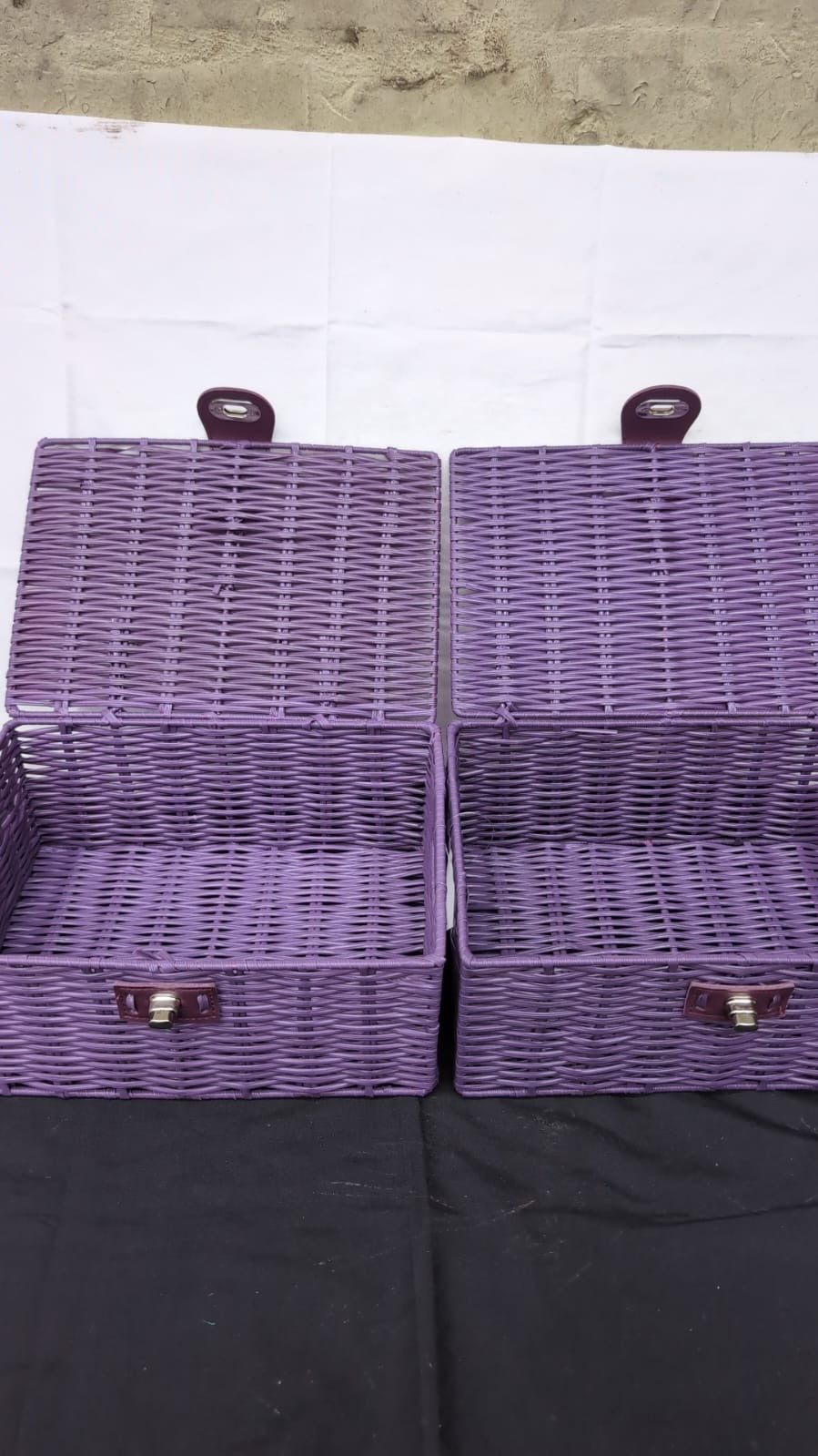 ARPAN Small Resin Woven Storage Basket Box With Lid & Lock - Purple,2 pack