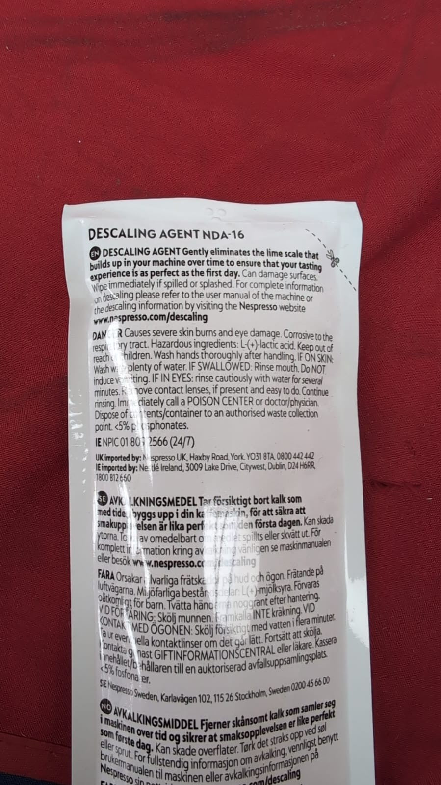 Nespresso Descaling Solution NDA16 – 1 Box with 2 Sachets 100g Removes Limescale