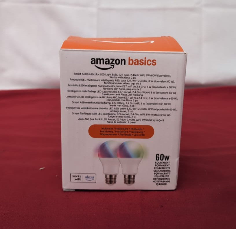 Amazon Basics Smart A60 Multicolor LED Light Bulb, E27 Base, WiFi, 8W ,2PACK