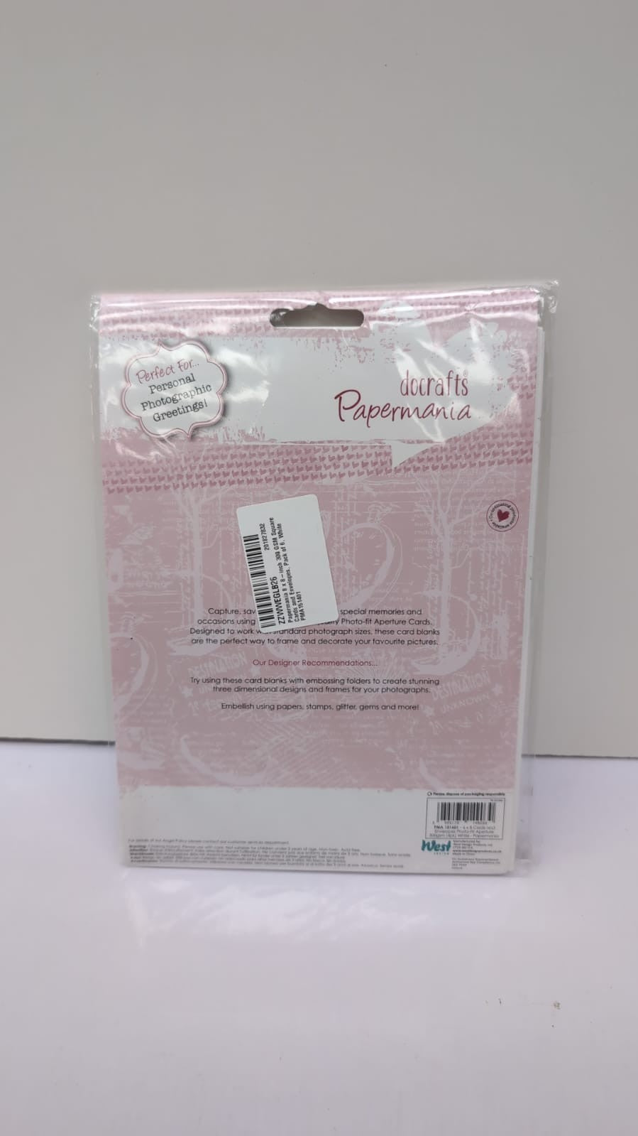 Papermania 8x 8" 300 GSM Square Cards & Envelopes, Pack of 6, White(pack opened)