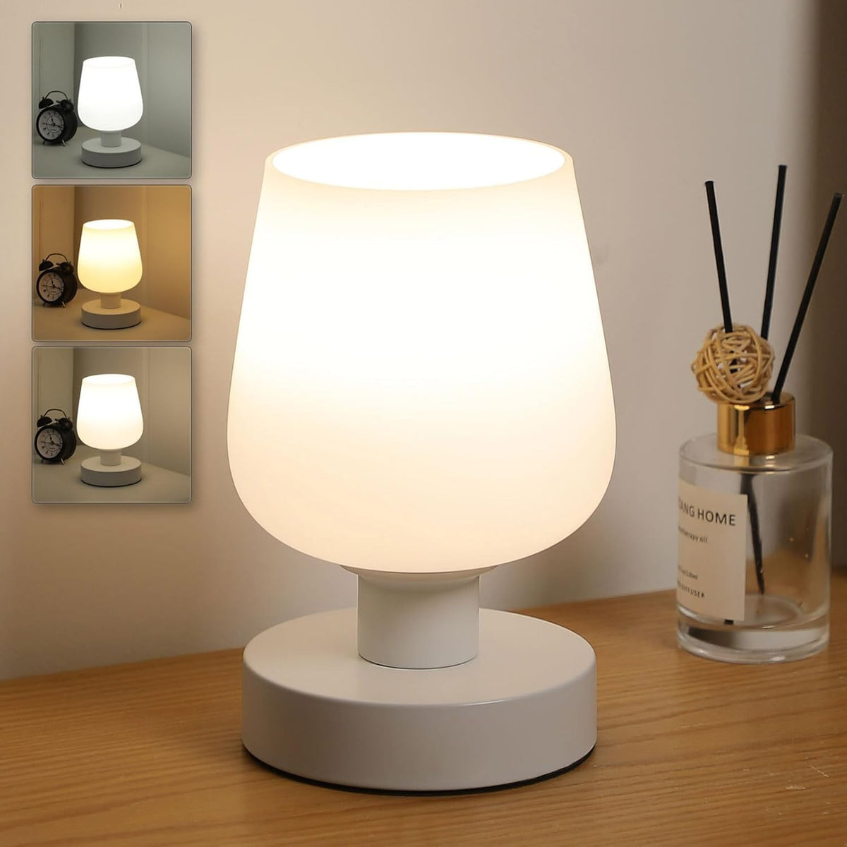 Lightess Touch Lamps Bedside, Dimmable Table Light with White Glass Shade