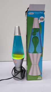 Lava Lamp, Green Wax, Blue Liquid, Silver Base and Cap, 14.5 inch (USED)