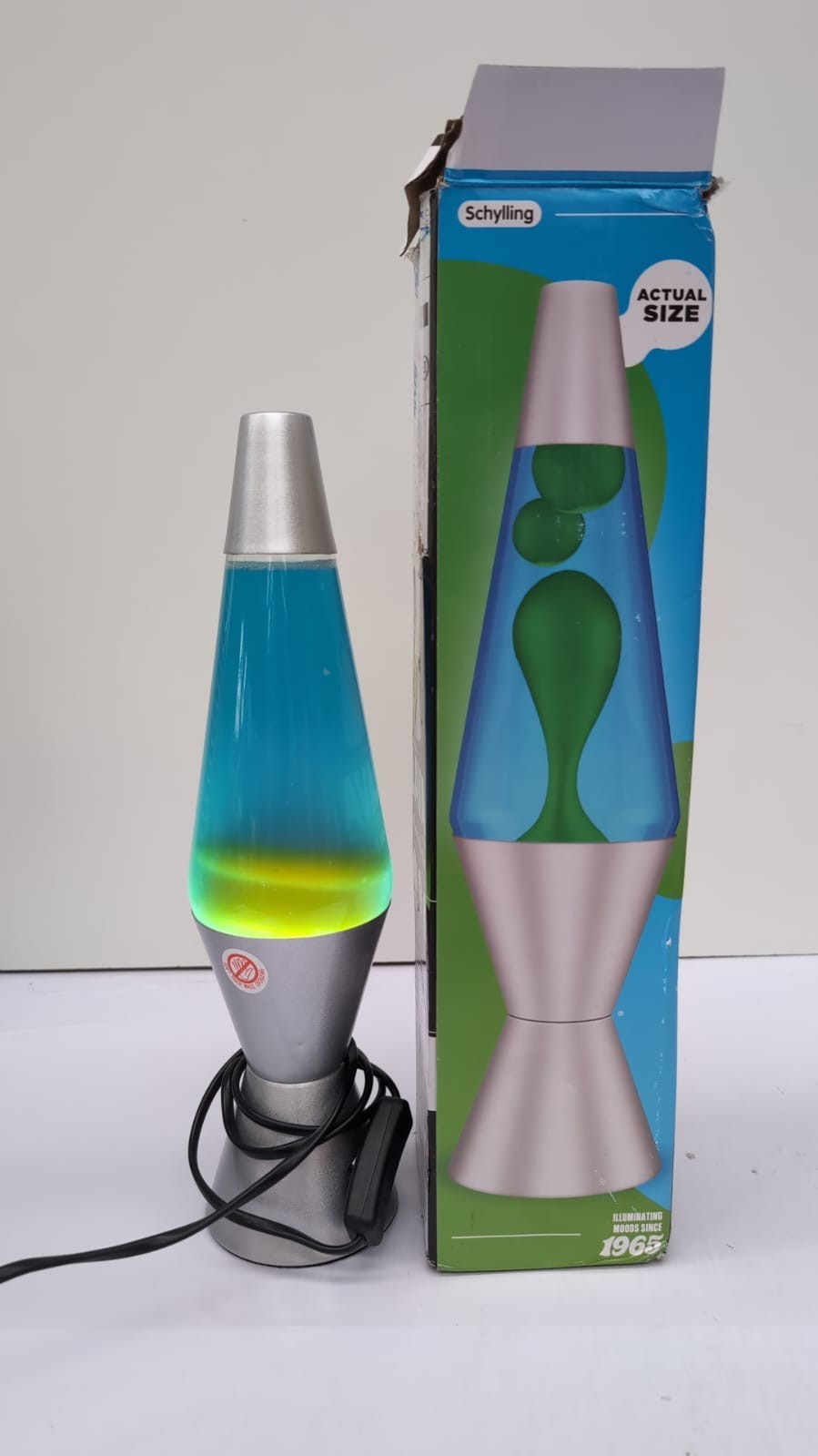 Lava Lamp, Green Wax, Blue Liquid, Silver Base and Cap, 14.5 inch (USED)