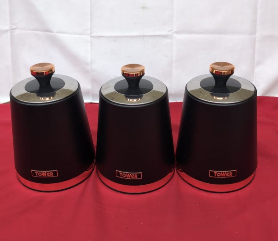 Tower  Cavaletto Set of 3 Storage Canisters ,Black and Rose Gold( box damaged)