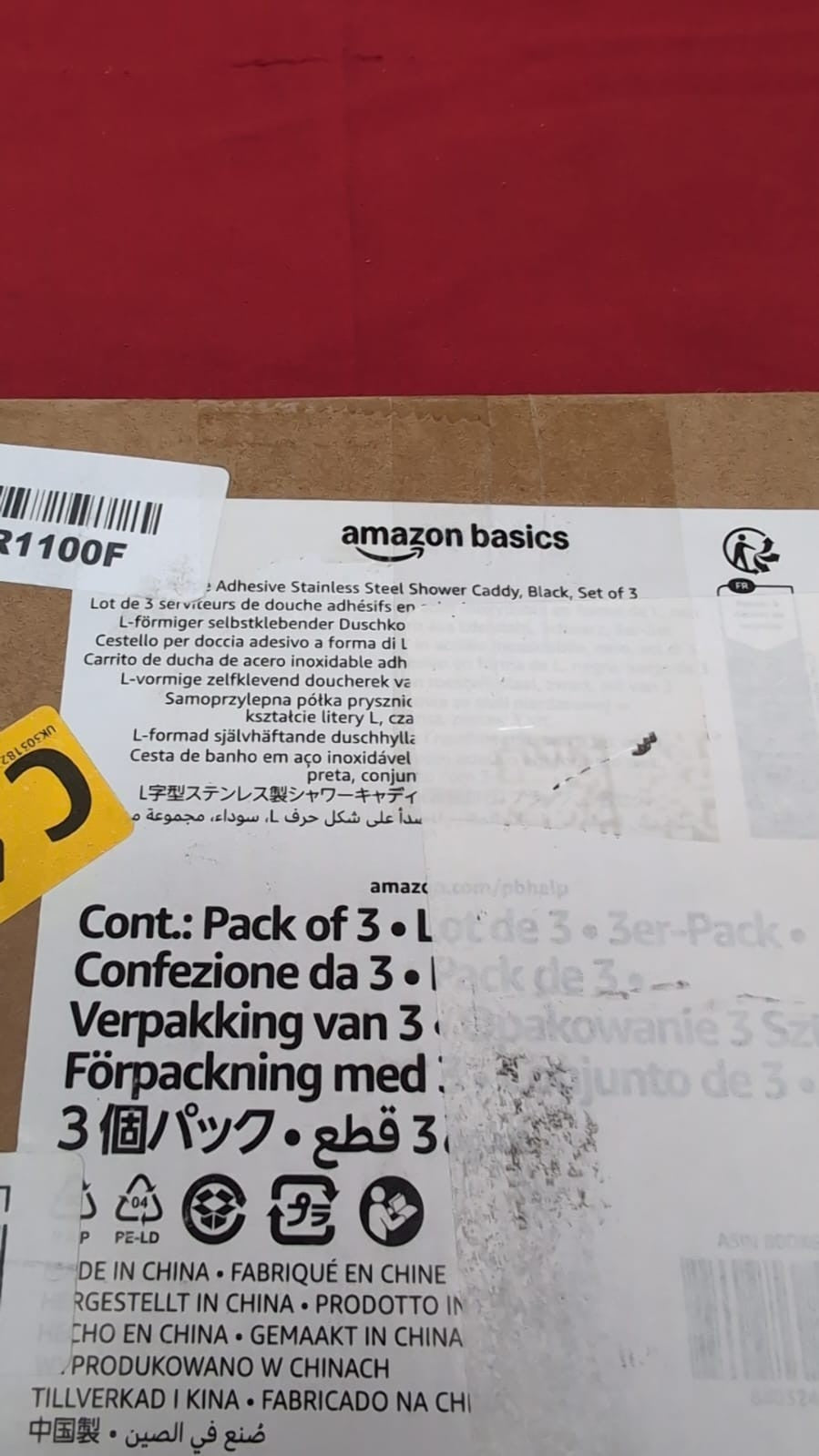 Amazon Basics L shape Adhesive Stainless Steel Shower Caddy, Black, Set of 3