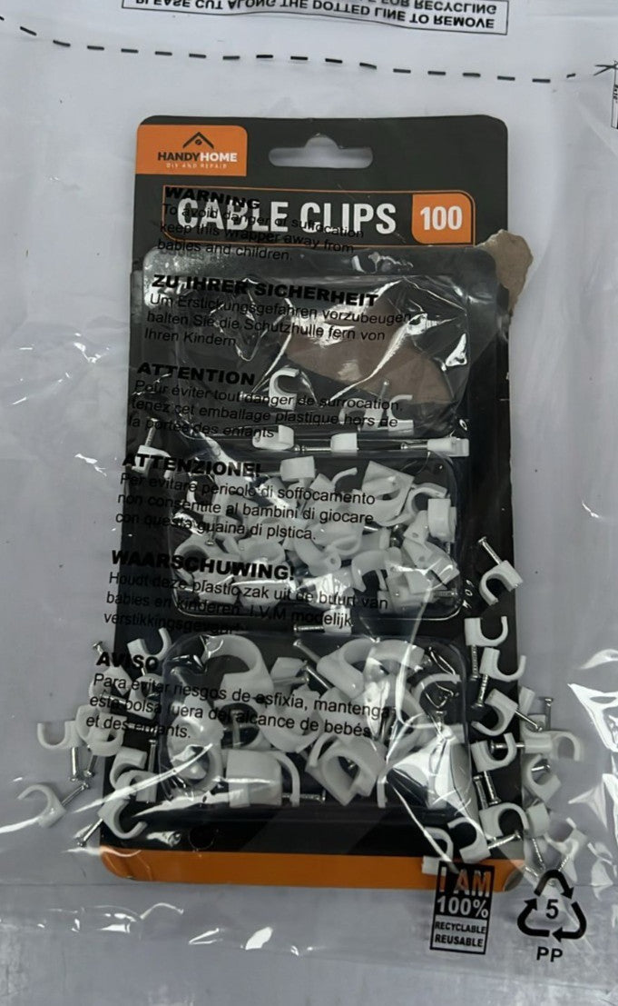 Cable Clips, 100 Pcs Nail Clips Strong Durable White Round (Packaging Damaged)