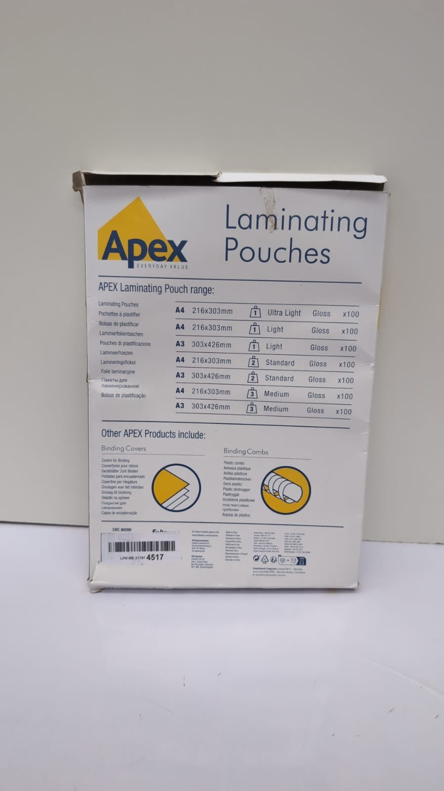 Fellowes Apex A4 Laminating Pouches Glossy Finish 100 Sheets (Packaging Damaged)
