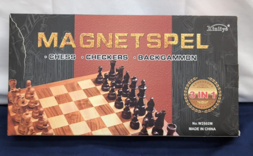 3 IN 1 Magnetspel Chess Set Draughts Board Games Backgammon, 12" Wooden