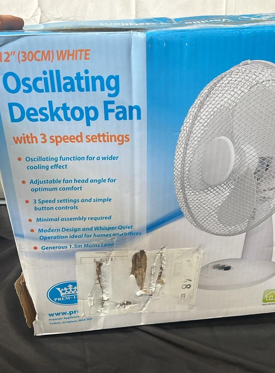 White 12" 3 Speed Oscillating Desk top Fan with adjustable tilt Cold Air For Off