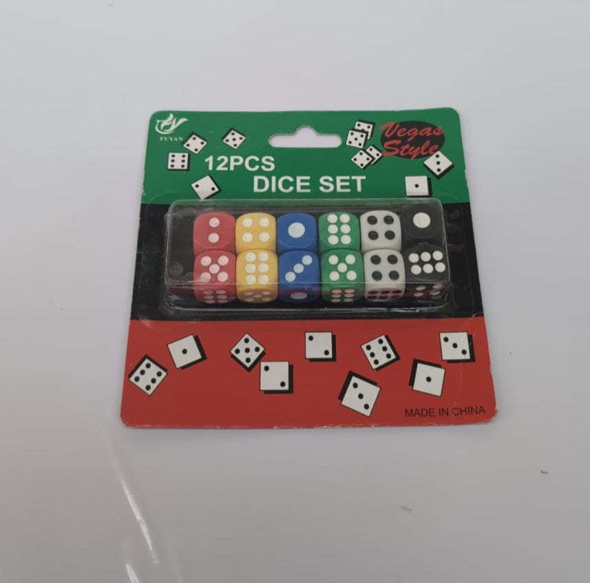 Vintage Vegas Style Green, Red ,White,Black,Yellow,Blue 12 Piece Dice Set