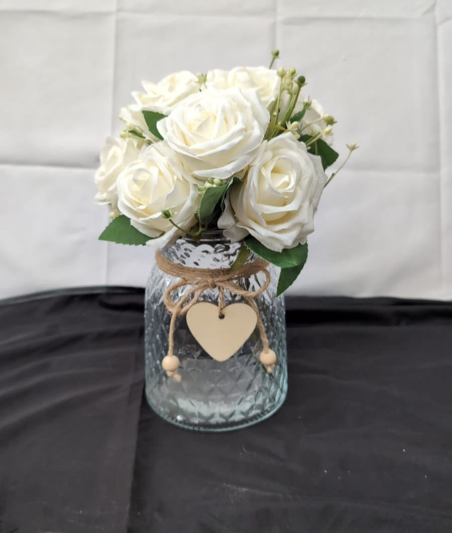 NiHome Artificial White Roses in Elegant Clear Glass Vase, Realistic Silk Flower