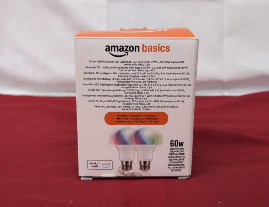 Amazon Basics Smart A60 Multicolor LED Light Bulb, E27 ,8W,2PACK ( box damaged)