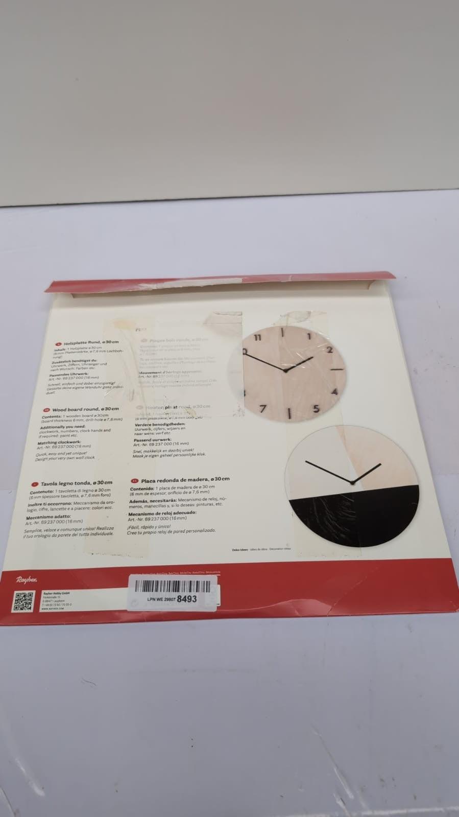 Rayher Round DIY Clock Face to Decorate, Wood Board  30cm(pack damaged)