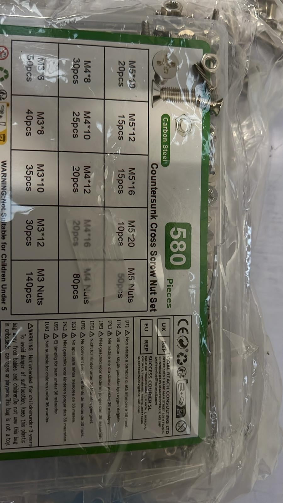 580 Pcs Screws Set, Countersunk Bolts and Nuts Set (PACKAGING DAMAGED)