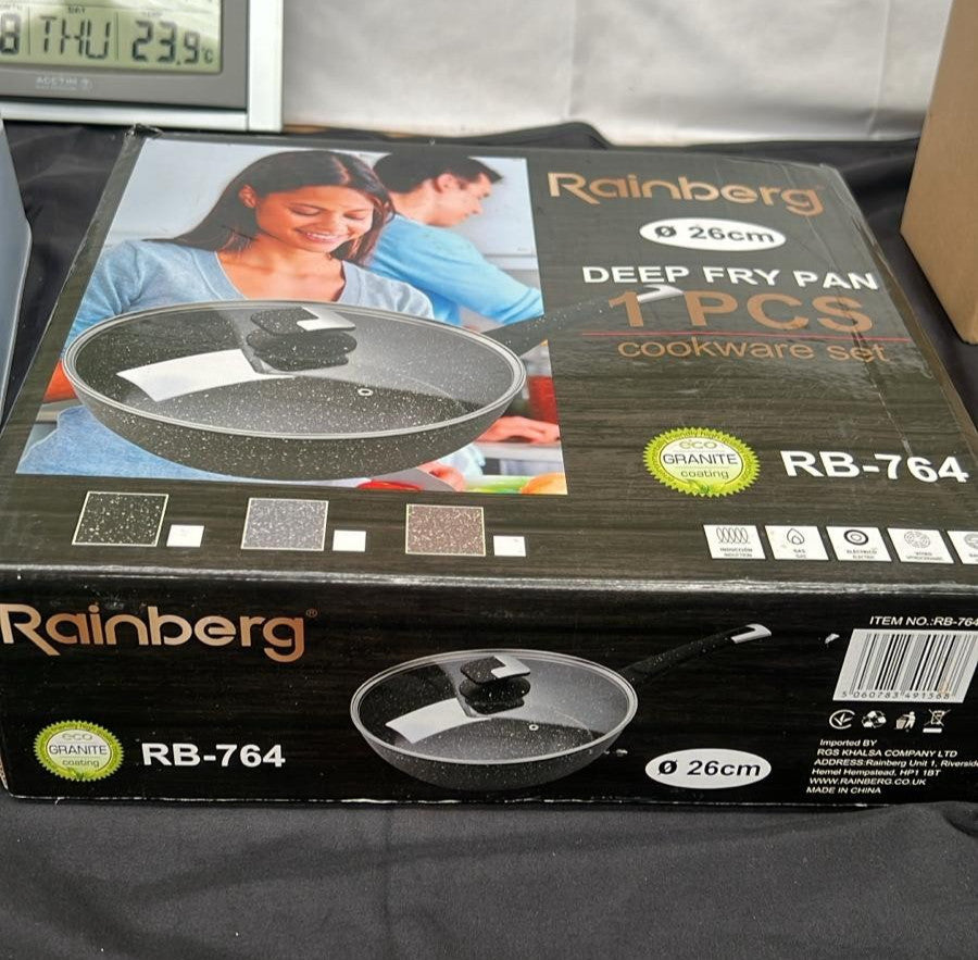 Rainberg 26cm Deep Frying Pan with Lid, Granite Frying Pan Nonstick, Black