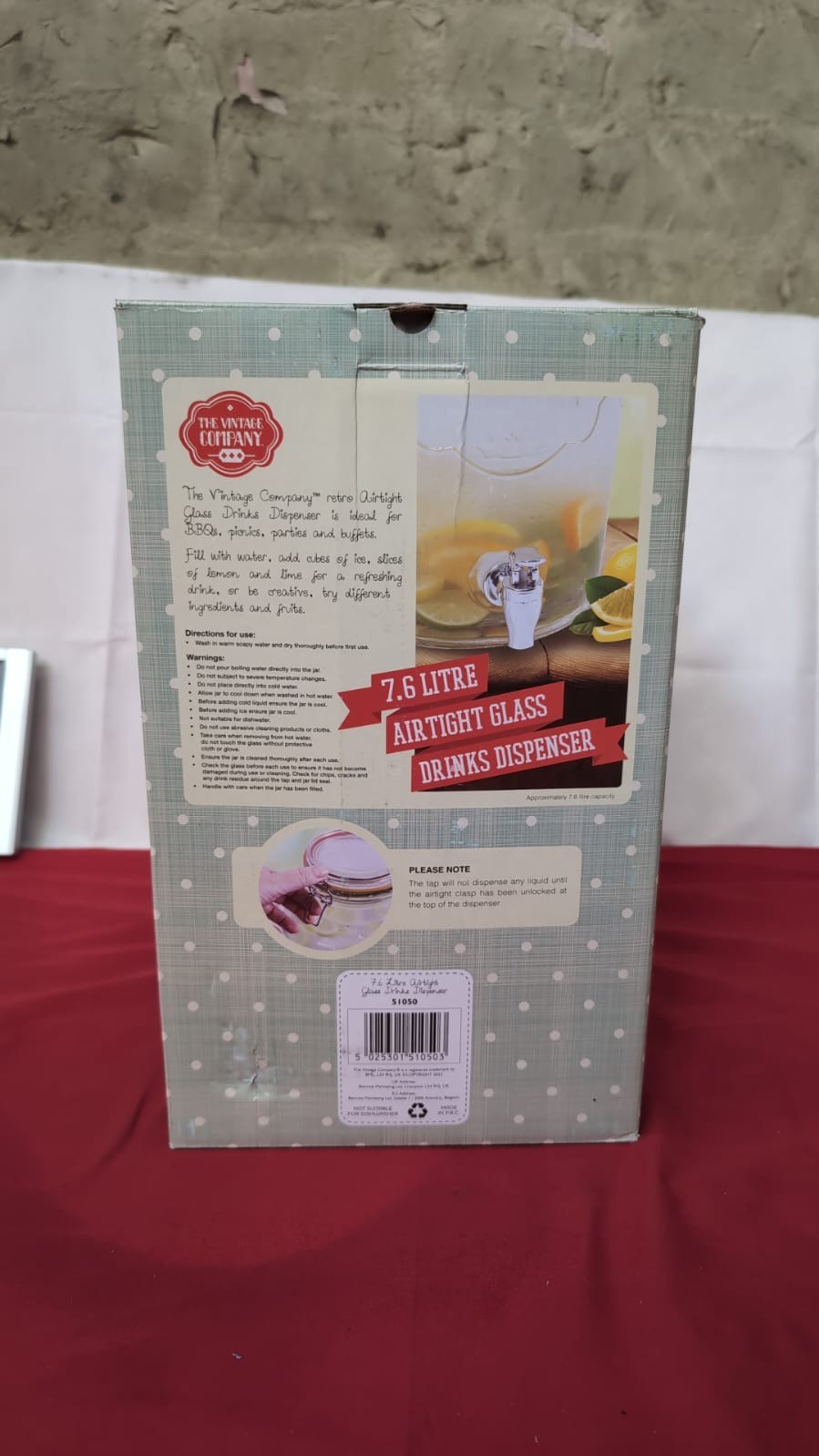 The Vintage Company B 51050 Jumbo Glass Drinks Dispenser7.5L(USED)