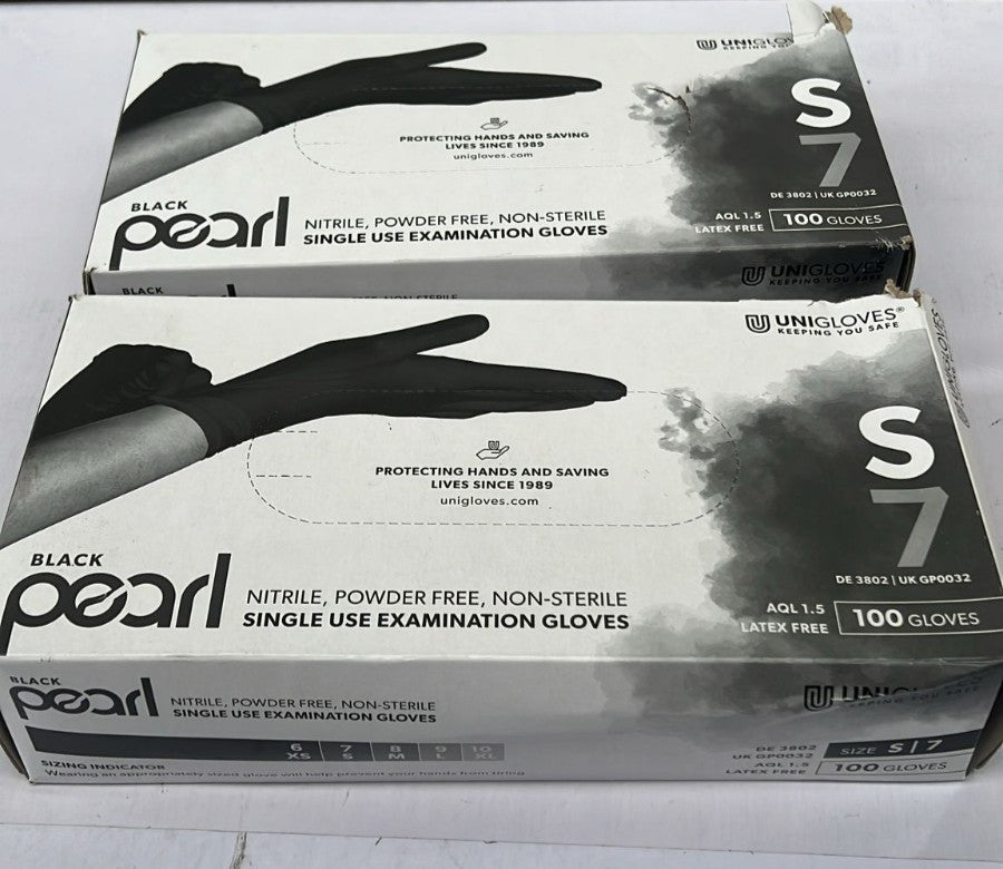 Unigloves Black Pearl Nitrile Examination Gloves (Small |7, BOX DAMAGED, 2 PACK)
