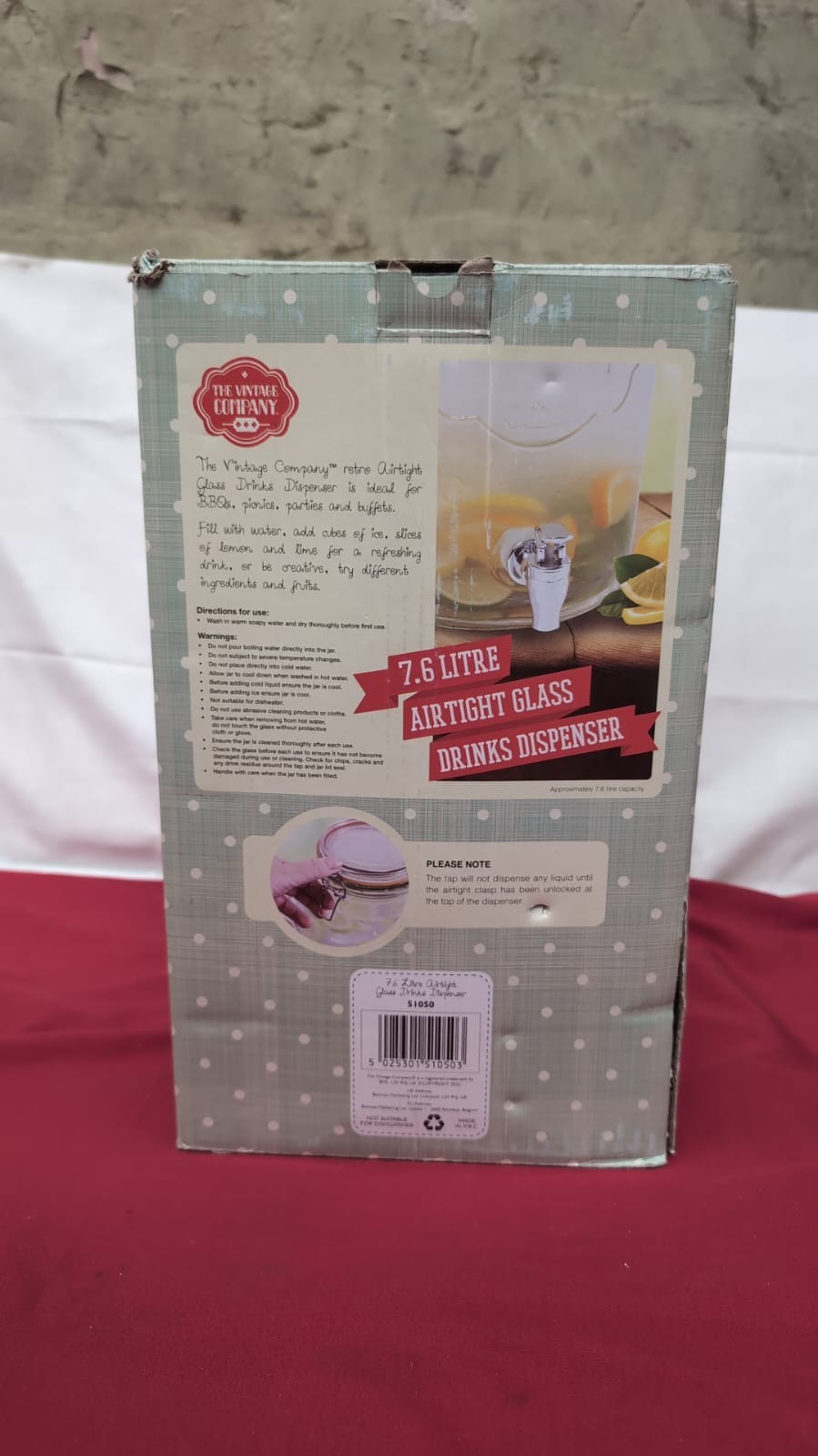 The Vintage Company Jumbo Glass Drinks Dispenser 7.6L(box damaged)