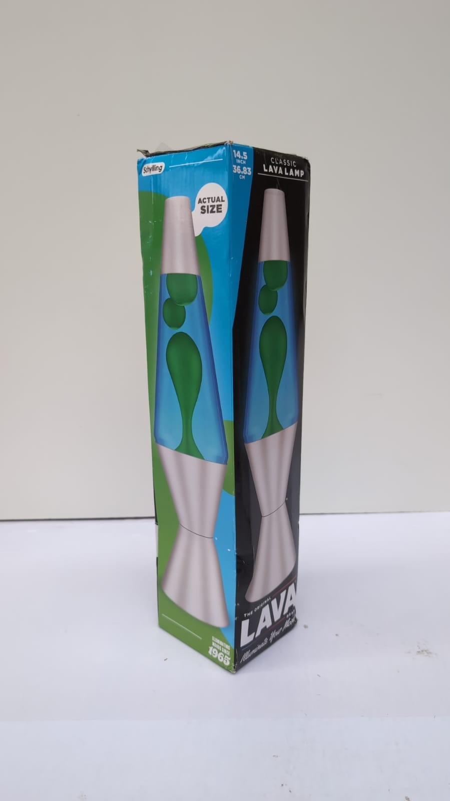 Lava Lamp, Green Wax, Blue Liquid, Silver Base & Cap, 14.5 " (USED/small dent )