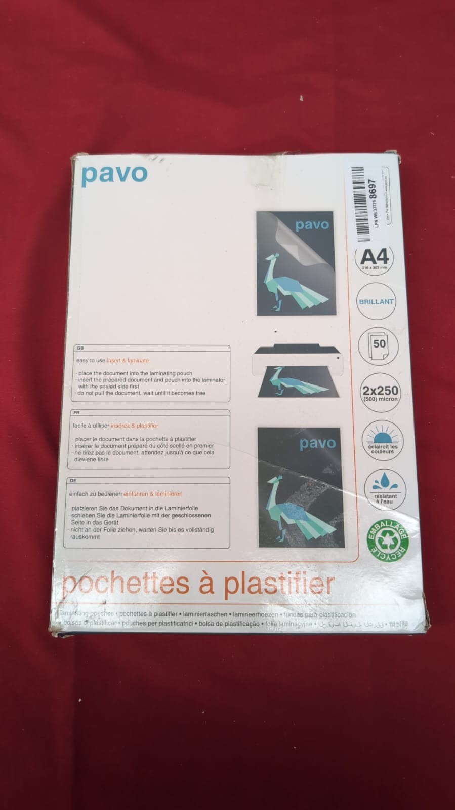 Pavo Laminating Pouches A4 2x250 Micron Glossy Pack of 50(packaging damaged)